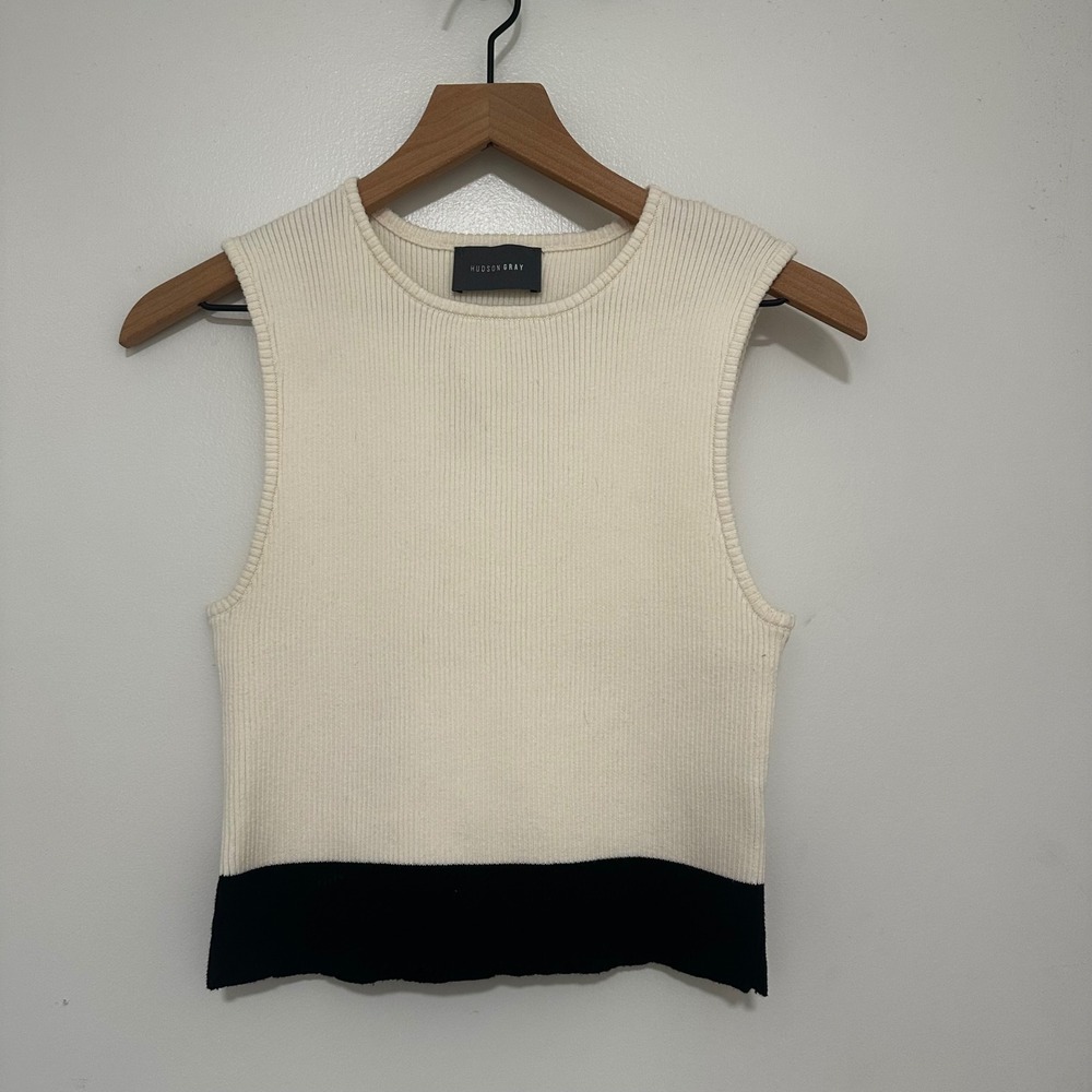 Hudson Gray | Women's Tan Cream Black Ribbed Scalloped Hem Knit Tank Top, M